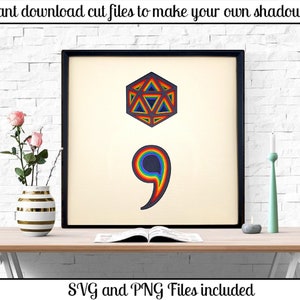 May include: A framed image featuring a rainbow-coloured semicolon and a black and white geometric shape. The text "SVG and PNG Files included" is at the bottom of the image.