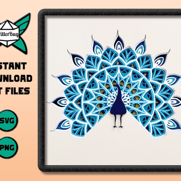 Mandala Peacock - shadow box SVG and PNG cut files