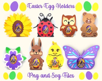 May include: A set of eight printable Easter egg holders featuring various designs, including a sunflower, ladybug, owl, teddy bear, flower, bunny, chick, and butterfly. Each holder has a slot to hold a chocolate egg. The text "Easter Egg Holders" and "Png and Svg Files" is included in the image.