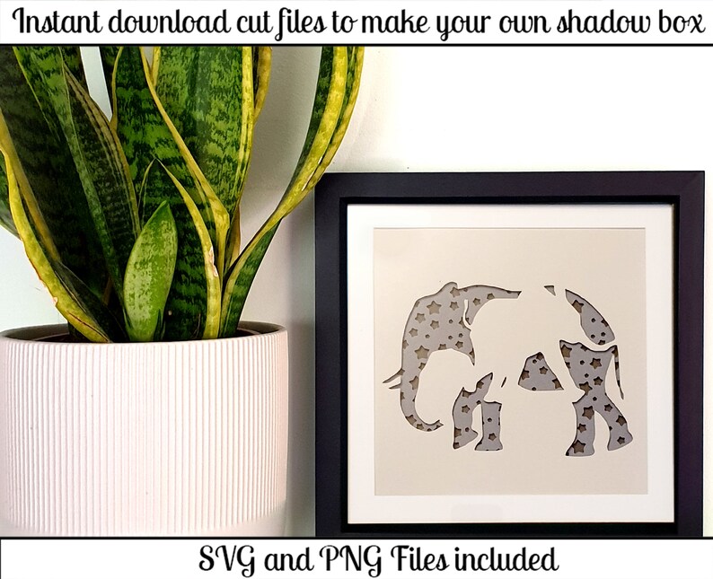 May include: A white silhouette of an elephant with a star pattern background inside a black frame. The text "SVG and PNG Files included" is below the frame.