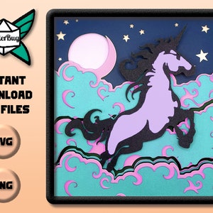 May include: A purple unicorn with a black mane and tail leaps through the clouds. The clouds are layered in shades of pink, blue, and green. The background is a dark blue night sky with a crescent moon and stars.