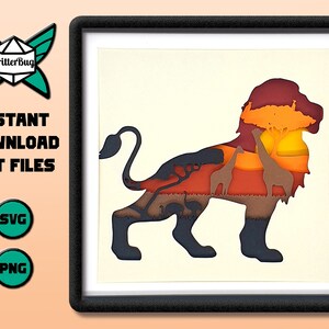 May include: A paper cut-out design of a lion with a sunset and African animals inside the silhouette. The lion is dark blue and the sunset is orange, red, and yellow.