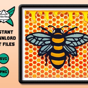 May include: A black and yellow bee with blue wings is set against a honeycomb background. The honeycomb is made of yellow and orange hexagons. The bee is in a frame with a dripping yellow substance.