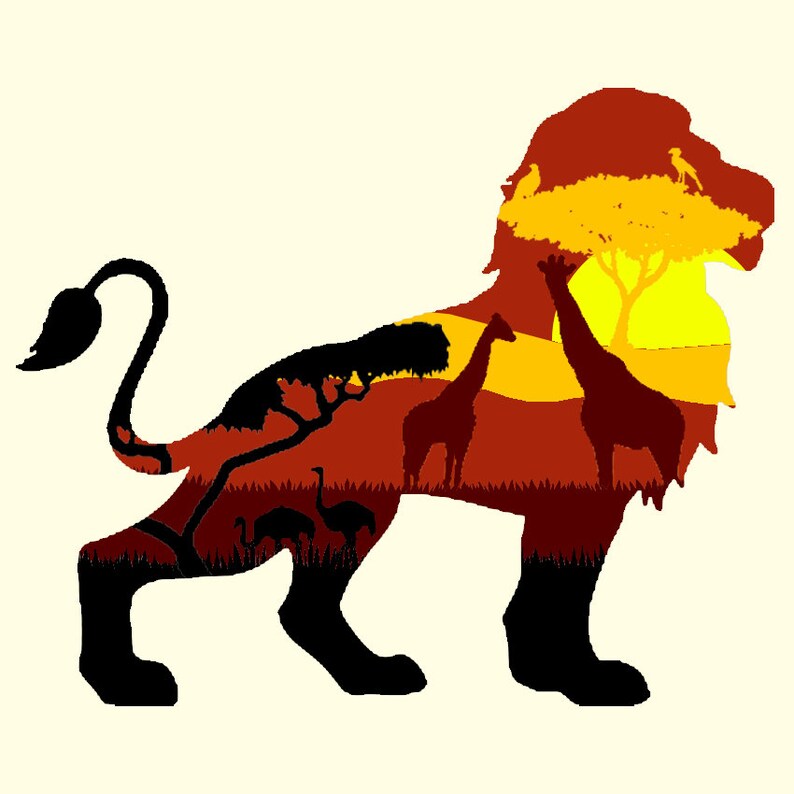 May include: Silhouette of a lion with a sunset scene inside. The sunset scene includes a tree, giraffes, and ostriches.