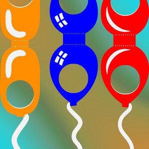 May include: Three balloons, one orange, one blue, and one red, with white strings. The balloons are tied together at the top and the strings are tied together at the bottom.