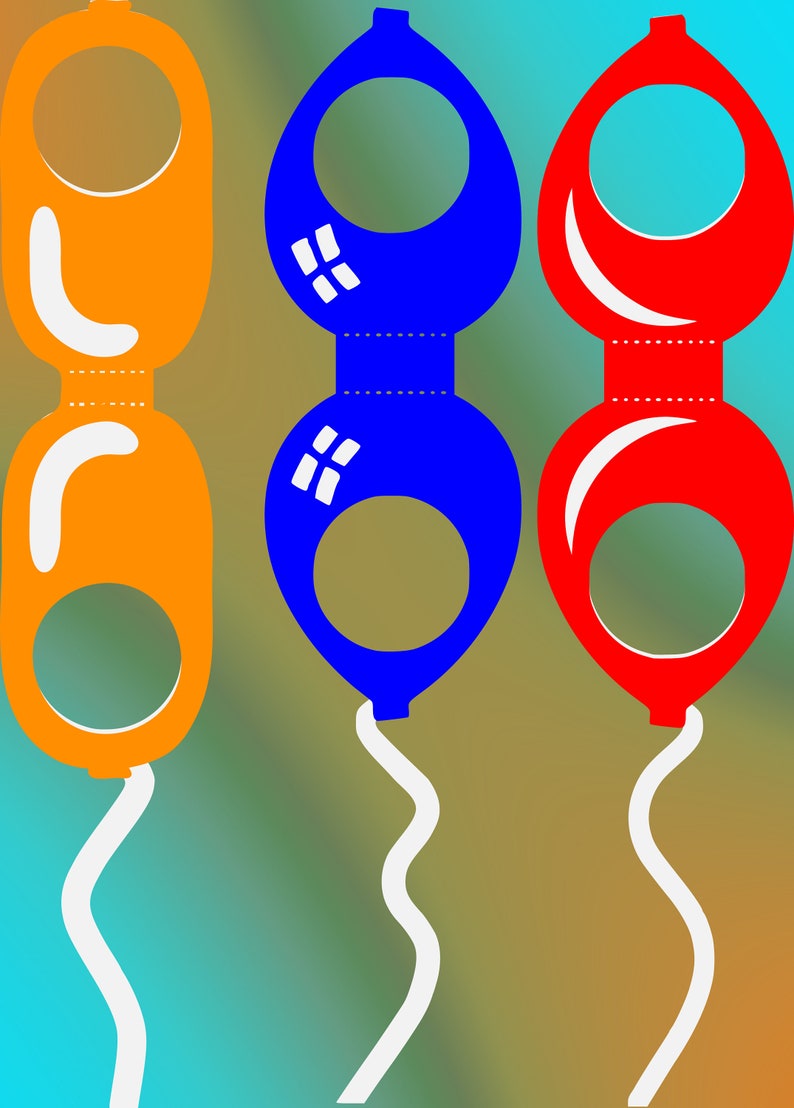 May include: Three balloons, one orange, one blue, and one red, with white strings. The balloons are tied together at the top and the strings are tied together at the bottom.