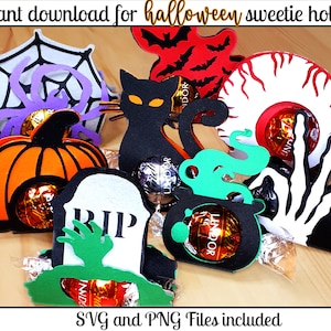 May include: A set of eight Halloween-themed treat holders made of felt. The holders are shaped like a pumpkin, a spider web, a cat, a cauldron, a ghost, an eye, a hand, and a tombstone. Each holder has a space for a small candy or treat. The holders are decorated with black, orange, purple, green, white, and red felt. The text "RIP" is printed on the tombstone. The text "SVG and PNG Files included" is printed at the bottom of the image.