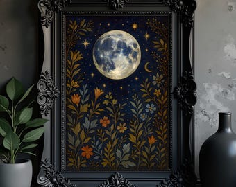 Celestial Moon and Botanical Art, Dark Academia, Whimsigoth, Cottagecore Aesthetic Print, Mystical Starry Night Poster, Witchy Bedroom Decor
