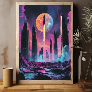 Cyberpunk Rocket City Wall Art– UFO Poster, Alien Sci-Fi Print, Dopamine Decor, Retro Futuristic, Neon City Print, Cosmic,  Digital Download