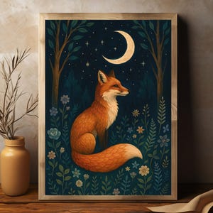 Könnte beinhalten: Ein gerahmter Kunstdruck mit einem Fuchs in einer Waldszene unter einem Halbmond und Sternen. Der Fuchs hat orangefarbenes Fell und ist von Blumen und Bäumen in Blau- und Grüntönen umgeben. Das Kunstwerk befindet sich in einem Holzrahmen.
