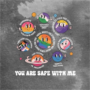 Estás a salvo conmigo PNG, Pride Ally Planet LGBTQ PNG, Sublimación de cita de igualdad inclusiva PNG, Descarga digital