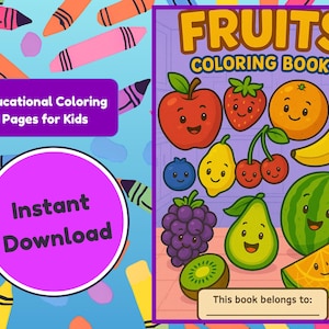 Fruits Coloring Book for Kids | Printable PDF | Educational Cartoon Fruit Pages | Preschool & Homeschool Activity Toddlers Digital Download