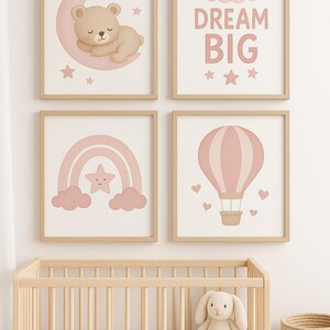 Conjunto de ensueño para habitación infantil rosa / Arte mural para niña tamaño A4 / Globo arcoíris con diseño de oso lunar / Impresiones digitales descargables / Decoración infantil en tonos pastel suaves