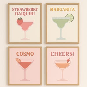 Girly Cocktail Wall Art Set – 4 Printable Posters | Strawberry Daiquiri, Margarita, Cosmo & Cheers | Bar Cart Decor Bundle