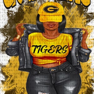 May include: Illustration of a person wearing a yellow baseball cap and a yellow t-shirt with the word "TIGERS". The person is also wearing a black denim jacket and black jeans. The words "GRAMBLING CHIC" are at the top and bottom of the image.