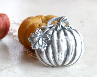 Pumpkin Pendant, Hand Sculpted, Solid Silver, Autumn Necklace, Fall Jewelry, Halloween Harvest Charm