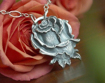 Rose Necklace, Rosebud Pendant, Fine Silver Flower Charm, Floral Bridesmaid Jewelry, Botanical Gift for Her