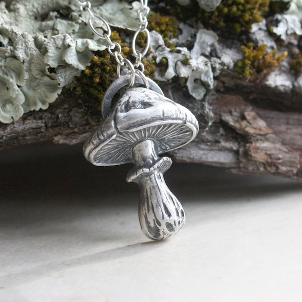 Silver Mushroom Necklace, Sculpted Toadstool Pendant, Woodlandcore Jewelry