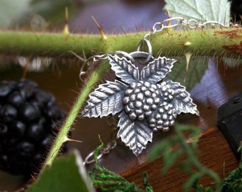 Silver Blackberry Necklace, Raspberry Pendant, Black Berry Charm, Bramble Jewelry, Woodlandcore Talisman for Nature Lovers