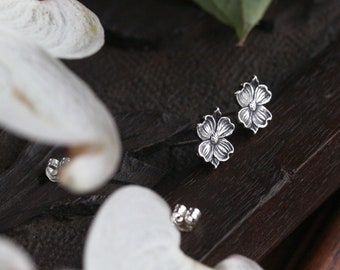 Silver Dogwood Earrings, Springtime Studs, Tree Blossom Posts, Botanical Jewelry, Garden Lover, Gift for Her