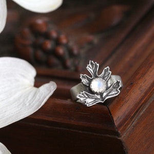 Hawthorn Leaf Ring, Sterling Silver and Rainbow Moonstone, Ogham Tree Jewelry, Druid Botanical Gift, Beltane Ring