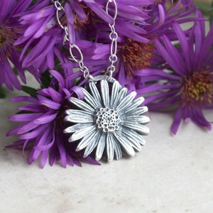 Aster Necklace, Fine Silver Daisy Pendant, Hand Sculpted, Flower Jewelry, for Garden Lovers, September Birth Month