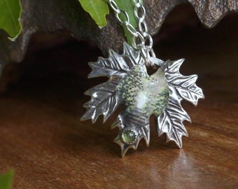Silver Maple Leaf Pendant, Enamel Painting Necklace, Forest Lover Jewelry