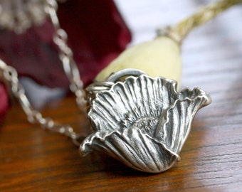 Silver Poppy Necklace, Hand Sculpted Flower Pendant, Garden Lover Gift