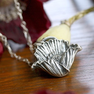 Silver Poppy Necklace, Hand Sculpted Flower Pendant, Botanical Talisman, Garden Lover Gift