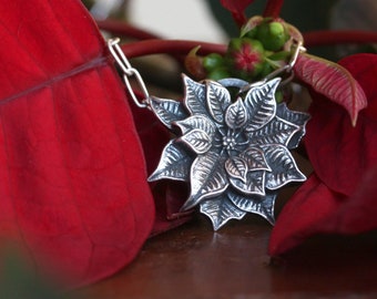 Silver Poinsettia Necklace, Christmas Flower Pendant, Hand Sculpted Botanical Jewelry, Holiday Gift for Plant Lovers