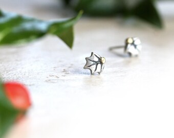 Holly Earrings, Tiny Silver and Gold Leaf Studs, Holly Berry, Dainty Botanical Posts, Christmas Jewelry