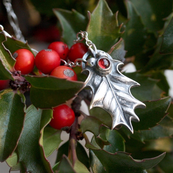 Holly Necklace, Silver and Red Garnet Pendant, Christmas Jewelry, Protection Talisman, Botanical gift