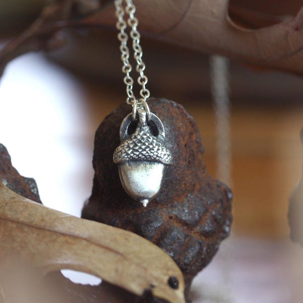 Fine Silver Acorn Necklace, Hand Sculpted Oak Seed Botanical Pendant