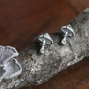 Silver Mushroom Stud Earrings, Delicate Toadstool Posts, Honey Mushroom, Tiny Nature Jewelry, Fairycore Gift for Nature Lover