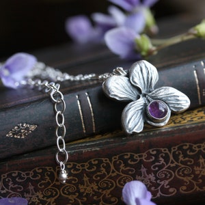 Silver Violet Pendant, Viola Necklace with Amethyst, February Birth Flower Jewelry, Flowercore Style, Botanical Gift