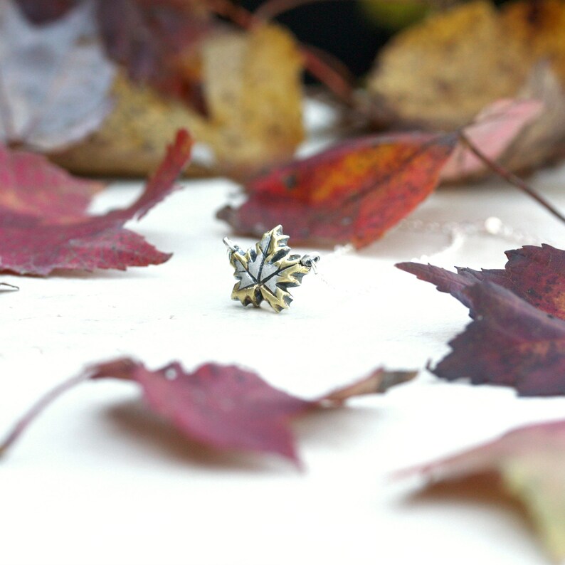 Strength Jewelry Fine Silver and Gold Pendant Botanical Charm Autumn Leaves Maple Leaf Necklace Two Tone