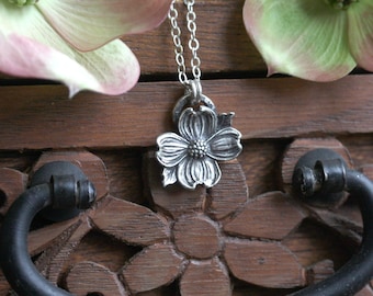 Silver Dogwood Blossom Necklace, Hand Sculpted Floral Pendant