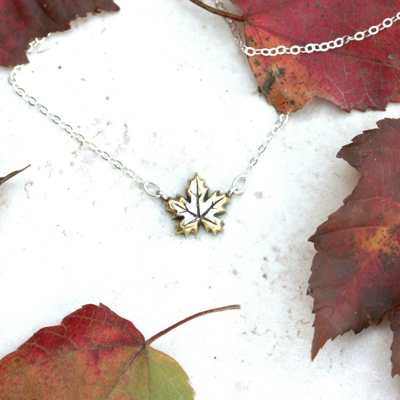 Strength Jewelry Fine Silver and Gold Pendant Botanical Charm Autumn Leaves Maple Leaf Necklace Two Tone