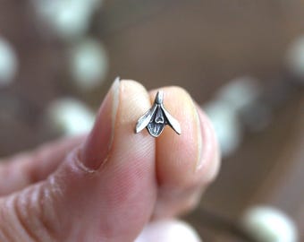 Fine Silver Snowdrop Stud Earrings, Hand Sculpted Spring Flower Posts