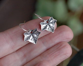 Silver Ivy Leaf Dangle Earrings, Hand Sculpted Woodland Botanical Jewelry