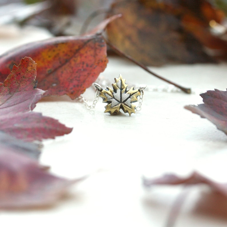 Strength Jewelry Fine Silver and Gold Pendant Botanical Charm Autumn Leaves Maple Leaf Necklace Two Tone