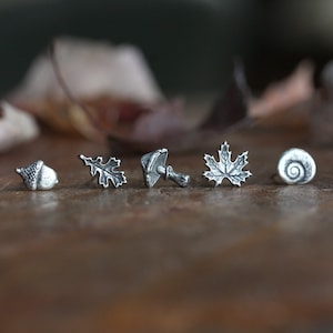 Autumn Earring, One Post Earring, Single Silver Stud, Acorn, Oak Leaf, Mushroom, Maple Leaf, Shell, Nature Themed Jewelry, Fall Earrings