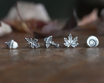 Fine Silver Autumn Stud Earring: Acorn, Oak Leaf, Mushroom, Maple, Shell - One Single Post