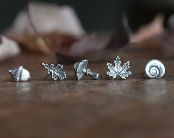 Autumn Earring, One Post Earring, Single Silver Stud, Acorn, Oak Leaf, Mushroom, Maple Leaf, Shell, Nature Themed Jewelry, Fall Earrings