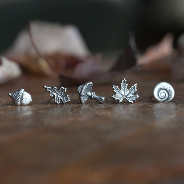 Fine Silver Autumn Stud Earring: Acorn, Oak Leaf, Mushroom, Maple, Shell - One Single Post