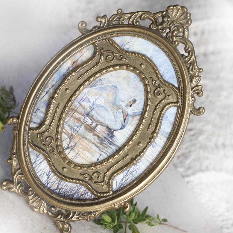 Couple/'s Wedding Gift Impressionist Wildlife Art Fairytale Swan Painting Nature Lover Unique Vintage Frame
