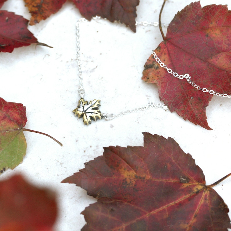 Strength Jewelry Fine Silver and Gold Pendant Botanical Charm Autumn Leaves Maple Leaf Necklace Two Tone