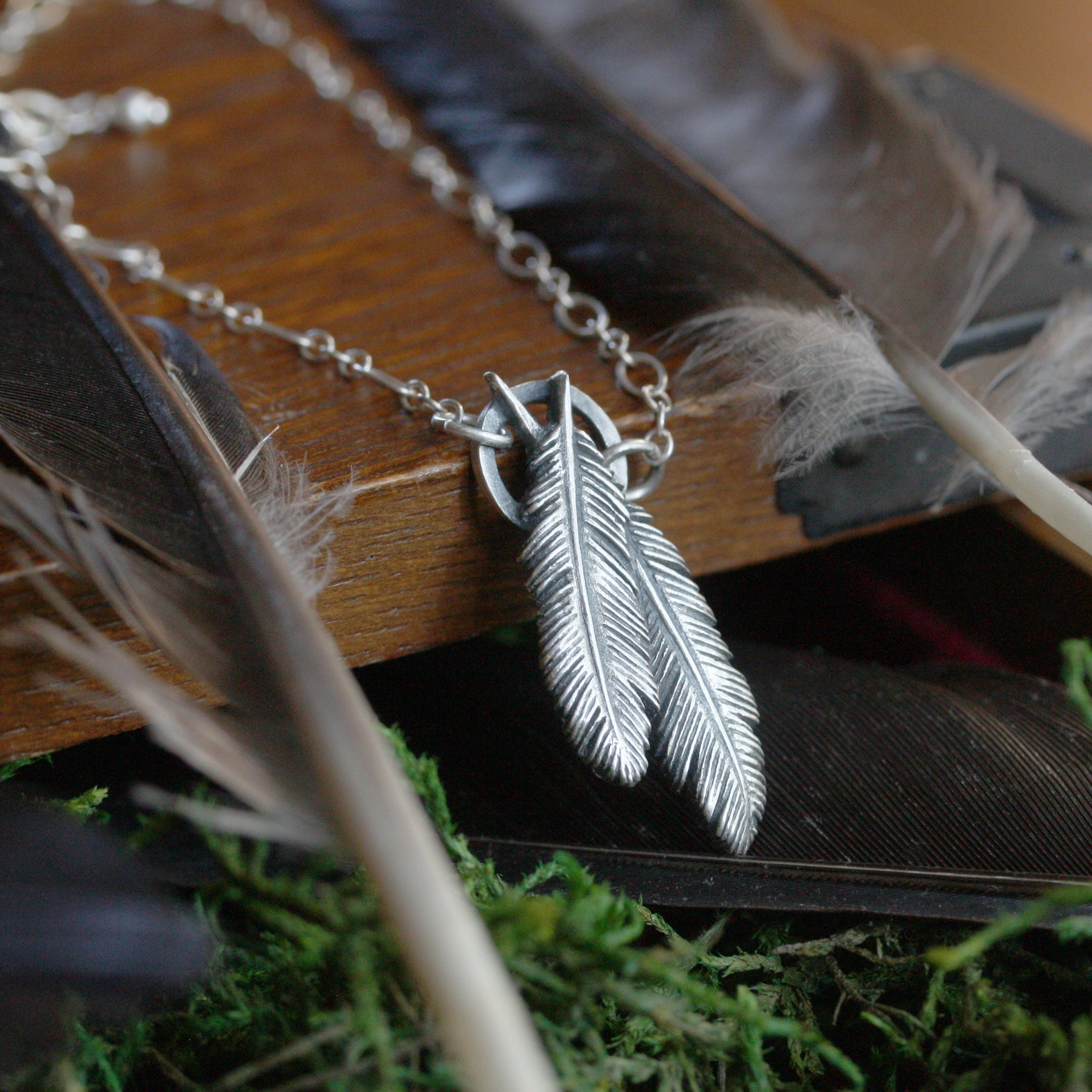 Silver Crow Feathers Necklace, Bird Feather Pendant