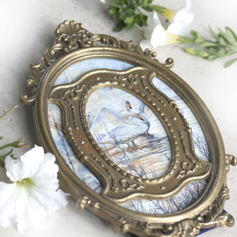 Couple/'s Wedding Gift Impressionist Wildlife Art Fairytale Swan Painting Nature Lover Unique Vintage Frame