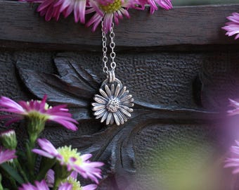 Aster Flower Charm, Silver Daisy Necklace, Small Flower Pendant, Botanical Jewelry